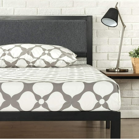 Black Queen Zinus Korey 14 Steel Platform Bed Frame with Upholstered Headboard and Wood Slat Support